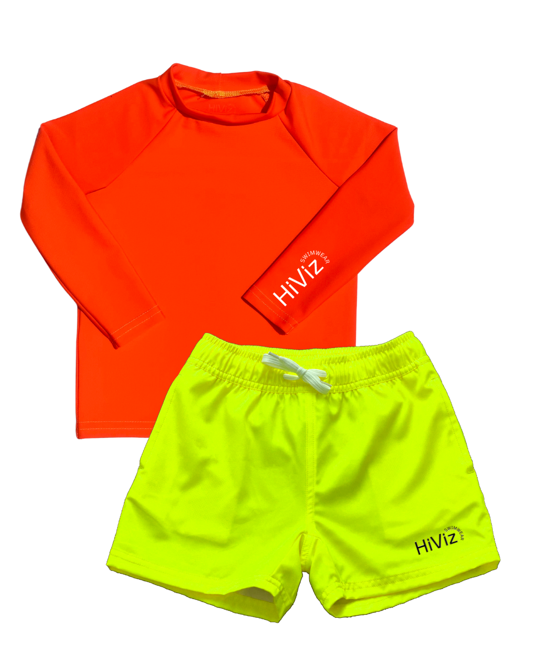 A product photo of a boys neon rash guard in neon orange paired with bright boys swim trunks. The hi vis neon yellow swim shorts have a boxer brief lining for anti-chaffing.  The boys neon yellow bright swim trunks stand out against any background.
